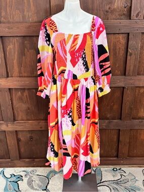 ODDY Bold Abstract Print Midi Dress in Red, Pink, Yellow, Black